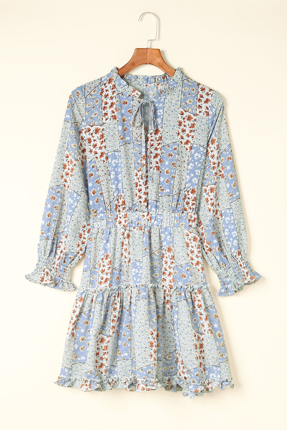 Sky Blue Floral Split V Neck Tiered Ruffle Dress