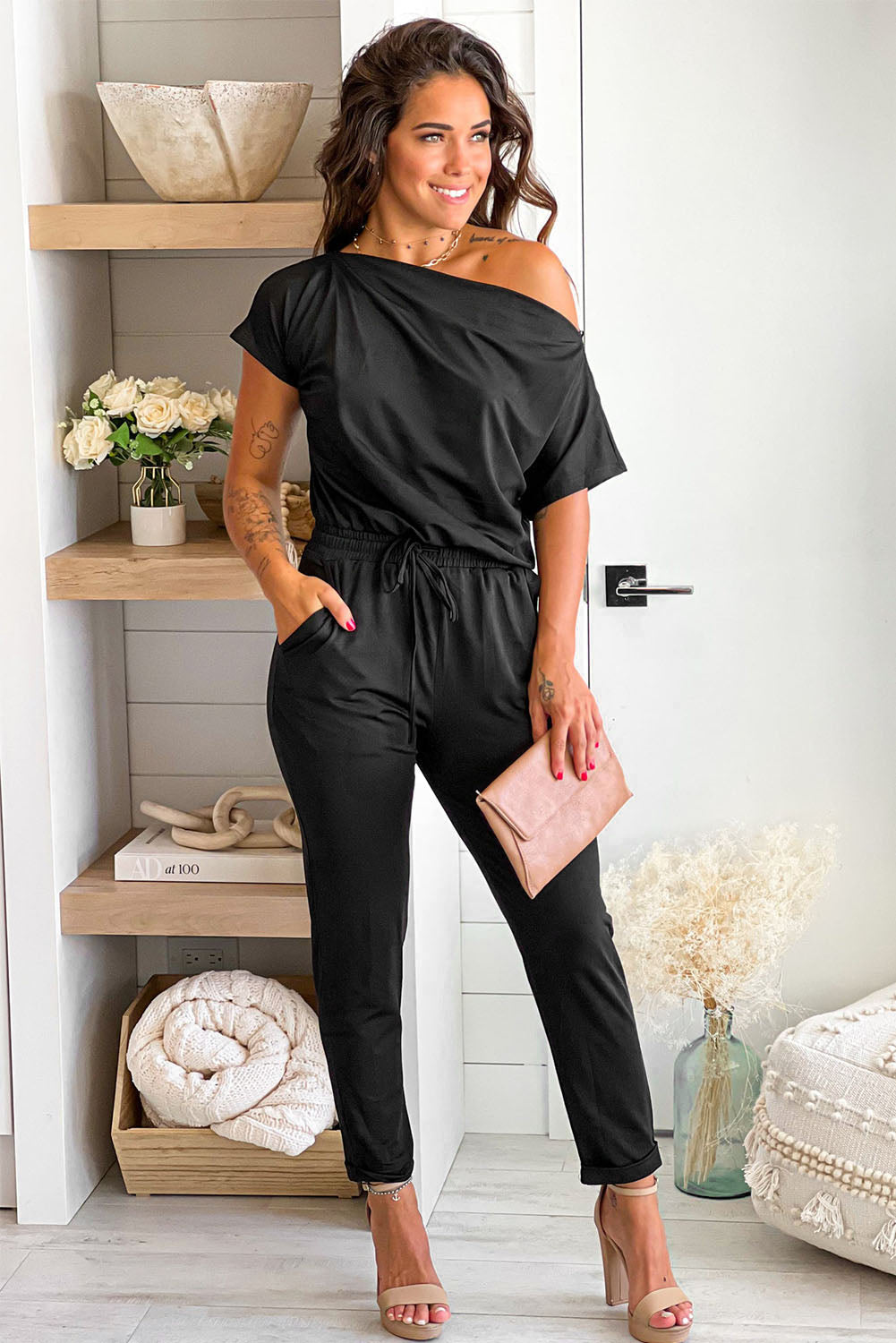 Black Tie Waist Short Sleeve Tapered Jumpsuit