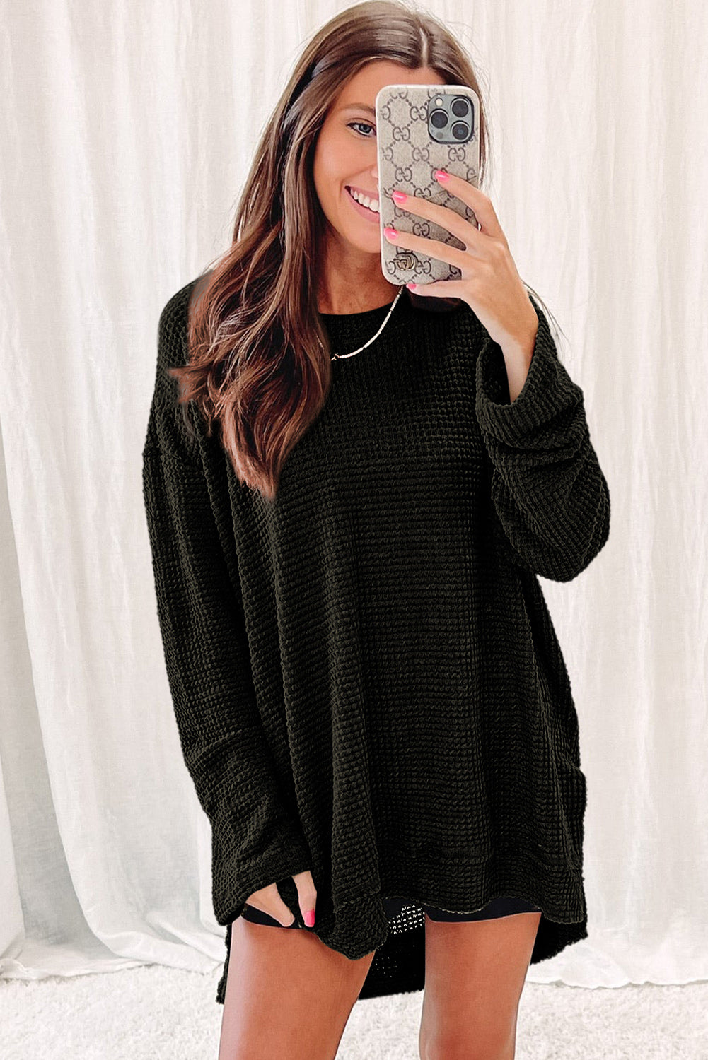 Gray Waffle Knit High Slits Oversized Top