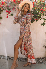 Multicolor Boho Floral Print Ruffle Trim Wrap Belted Dress