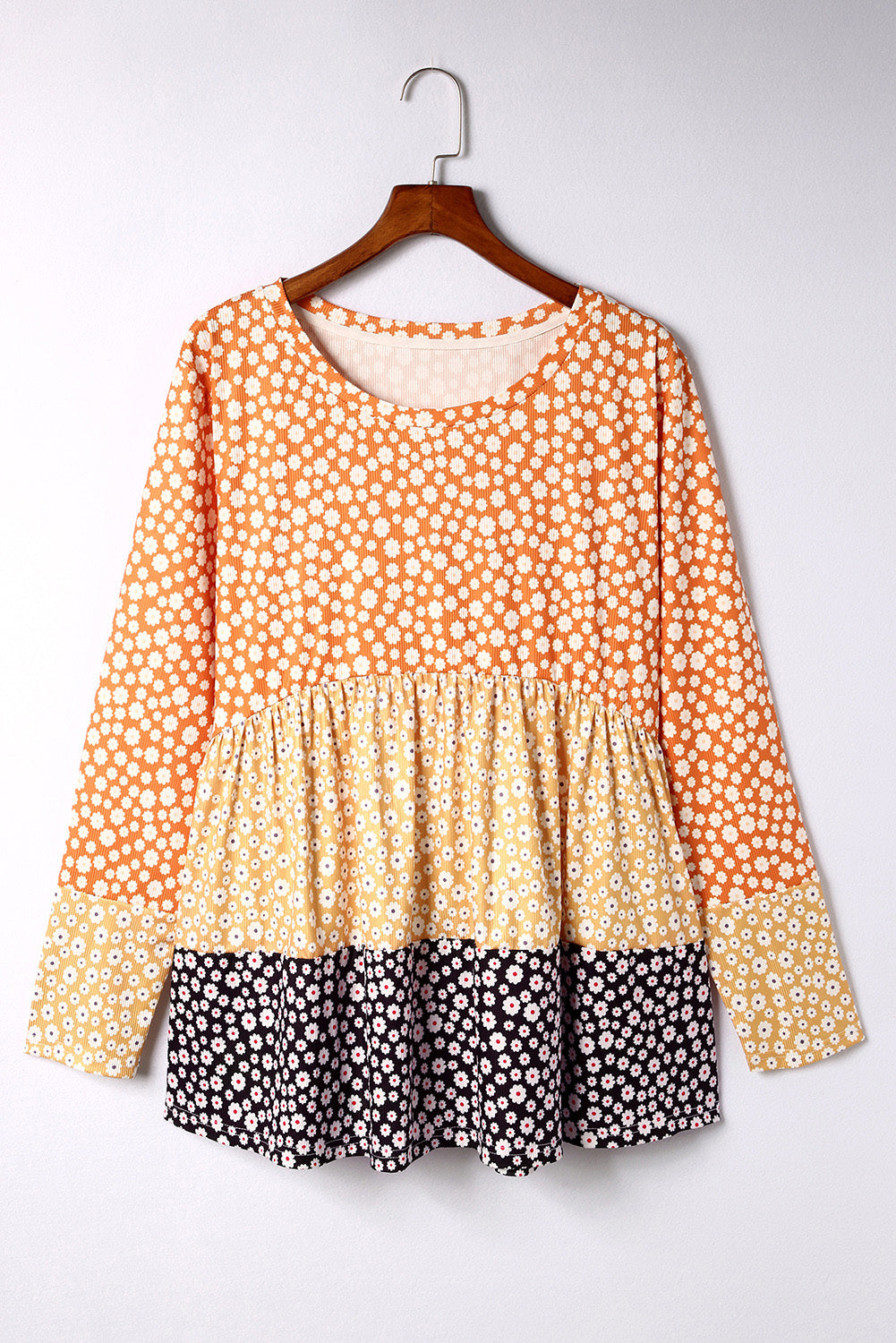 Orange Plus Size Colorblock Blooming Daisy Long Sleeve Flowy Top