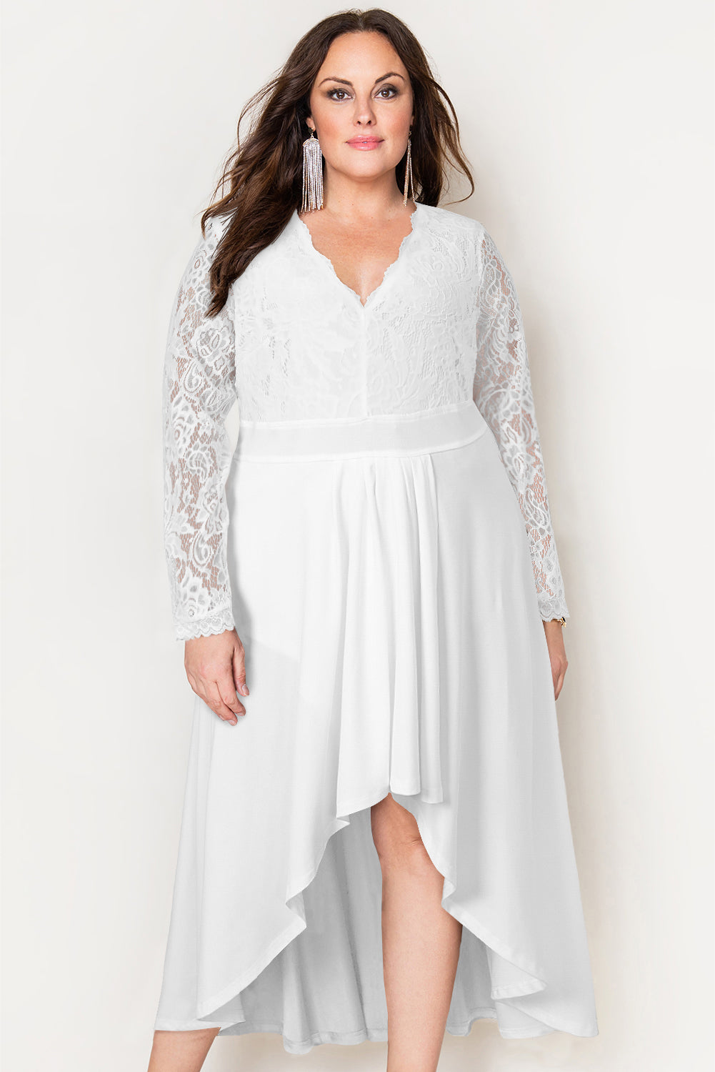 White Plus Size High-Low Lace Contrast Evening Dress