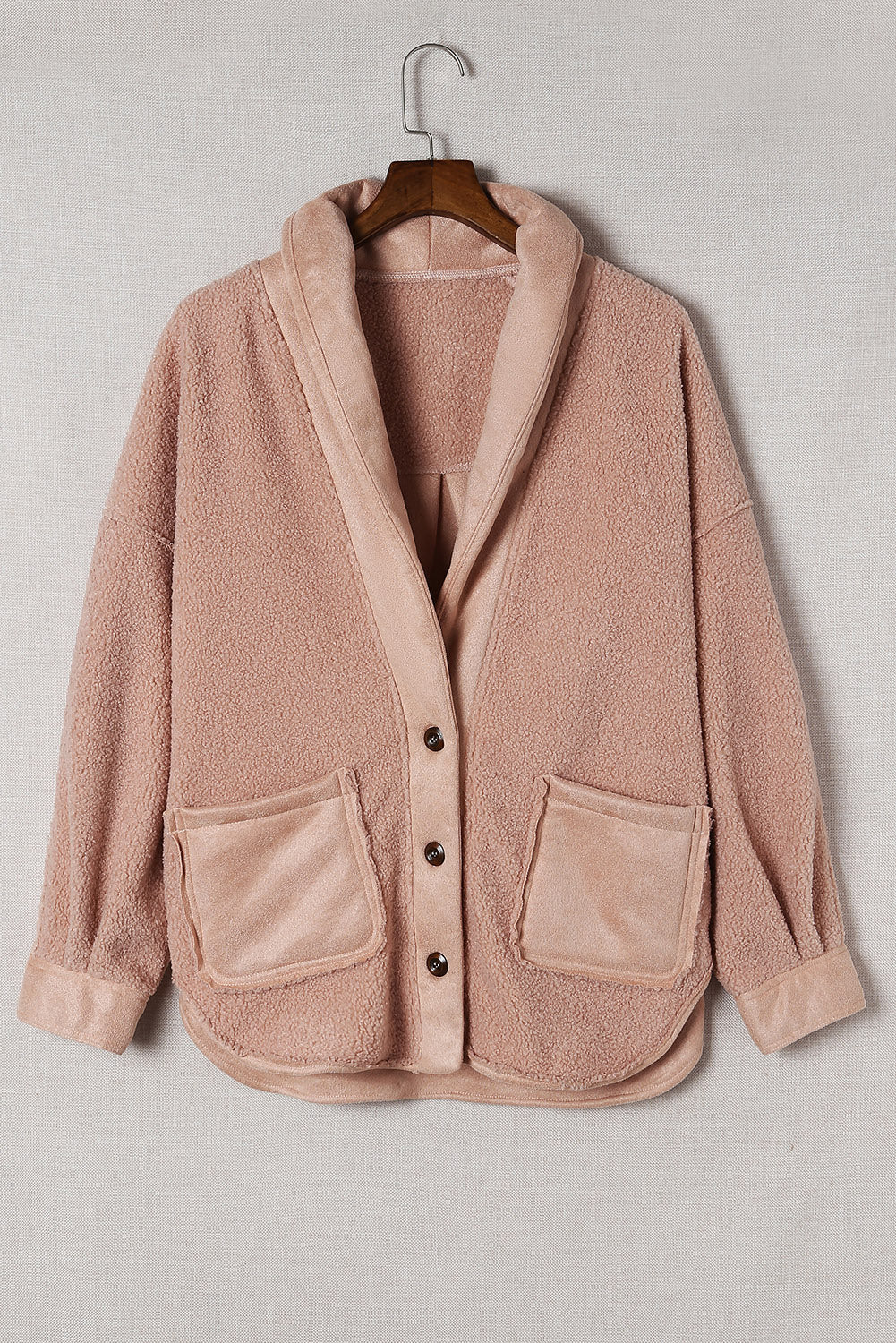 Pink Suede Sherpa Patchwork Buttoned Loose Jacket