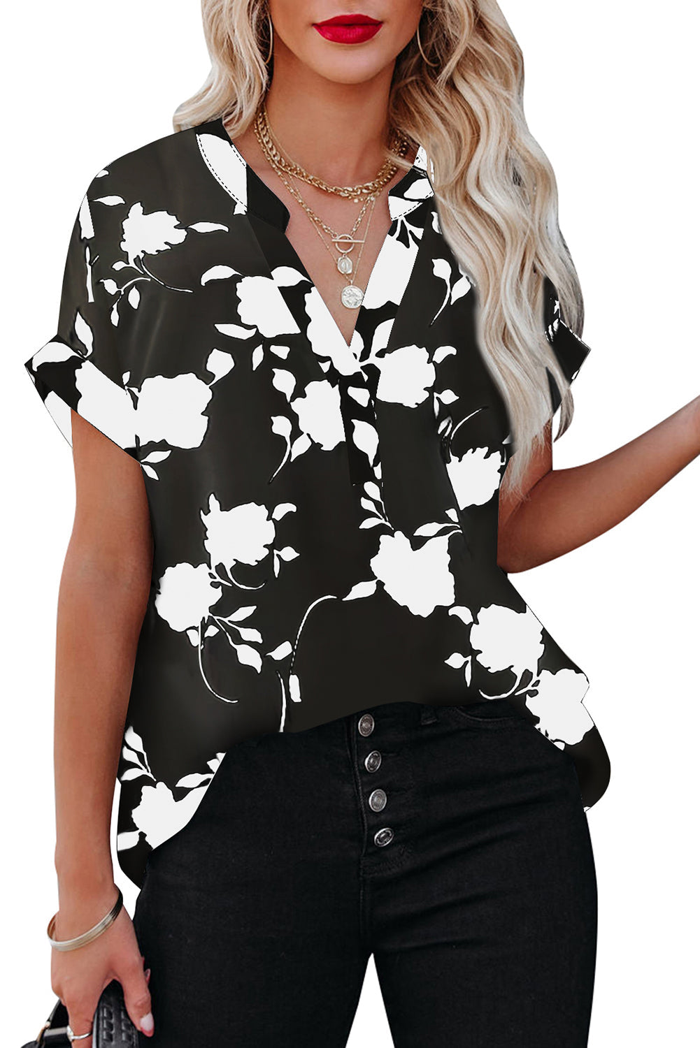 Black Floral Printed Short Sleeve Blouse