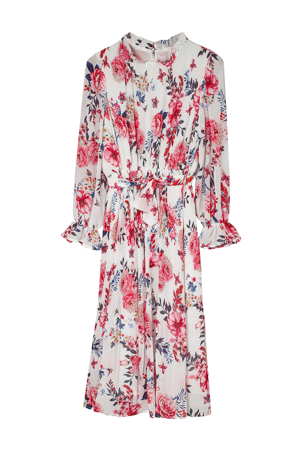 Beige Floral Print Puffy Sleeve Ruffled Midi Dress