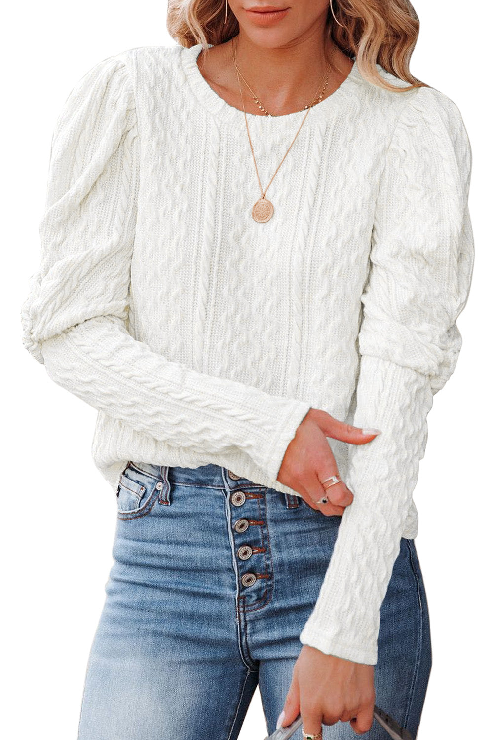 Khaki Solid Color Puffy Sleeve Textured Knit Top