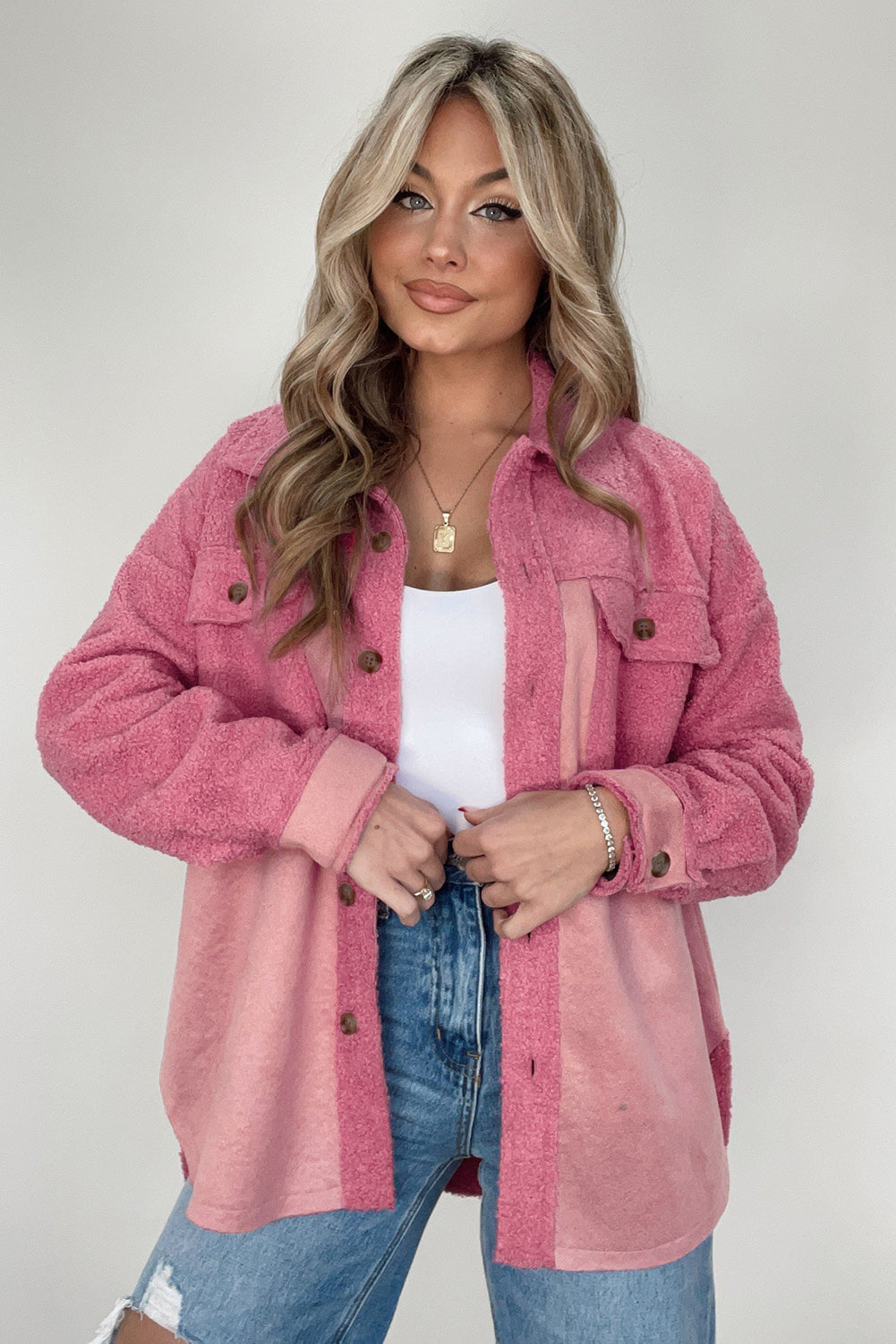 Pink Colorblock Buttoned Flap Pocket Sherpa Shacket