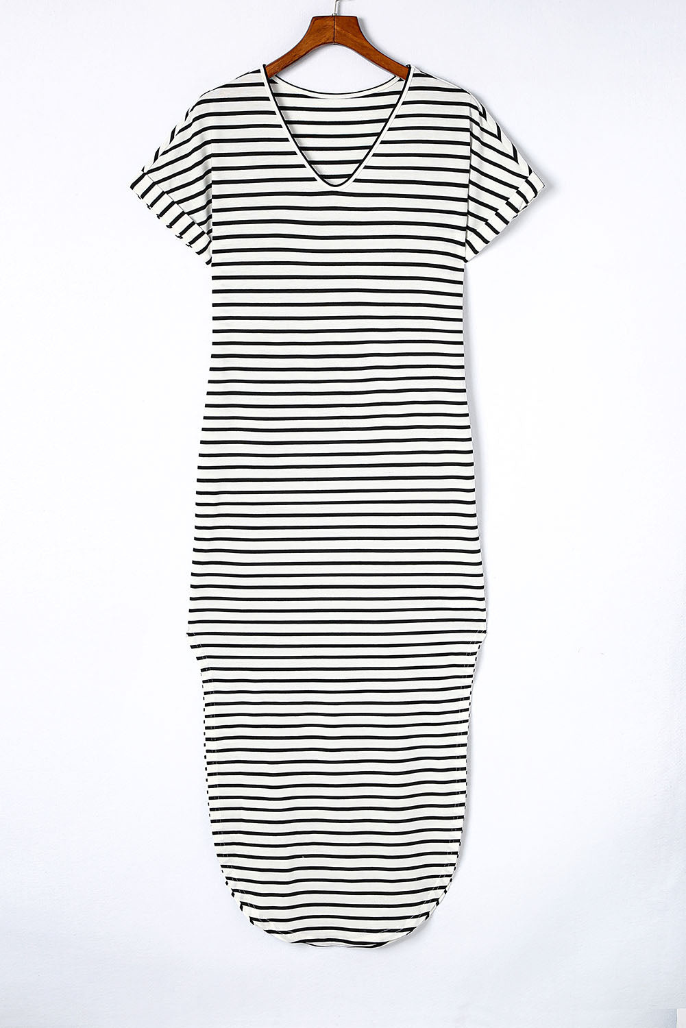 Black Striped Print Side Split Short Sleeve V Neck Maxi Dress