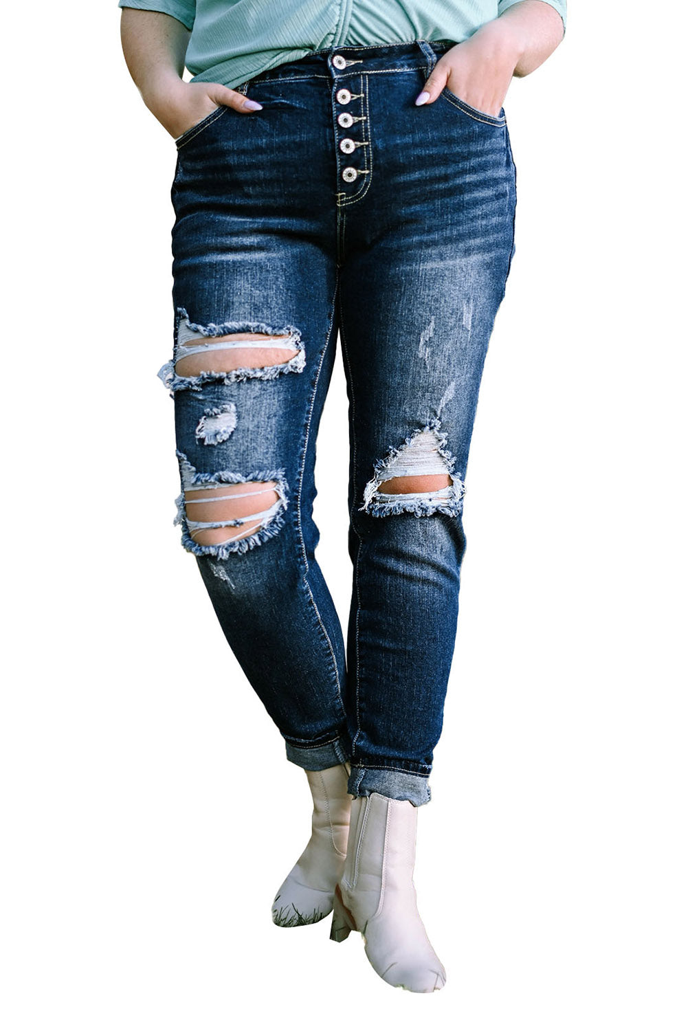 Blue Medium Wash Button Fly Distressed Plus Size Jeans