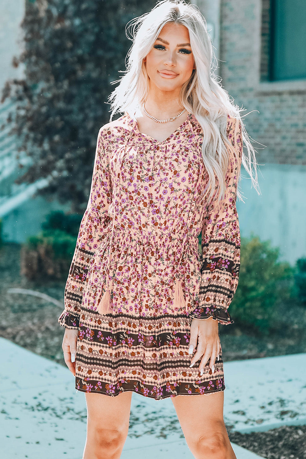 Pink Split V Neck Boho Floral Dress