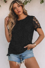 Black Lace Overlay Short Sleeve Top