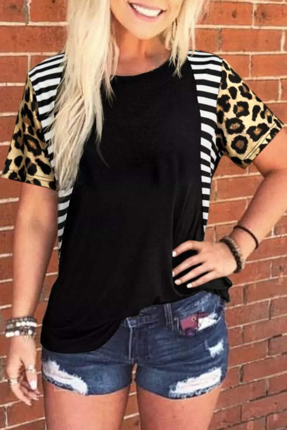 Leopard Striped Patchwork Short Sleeve Top