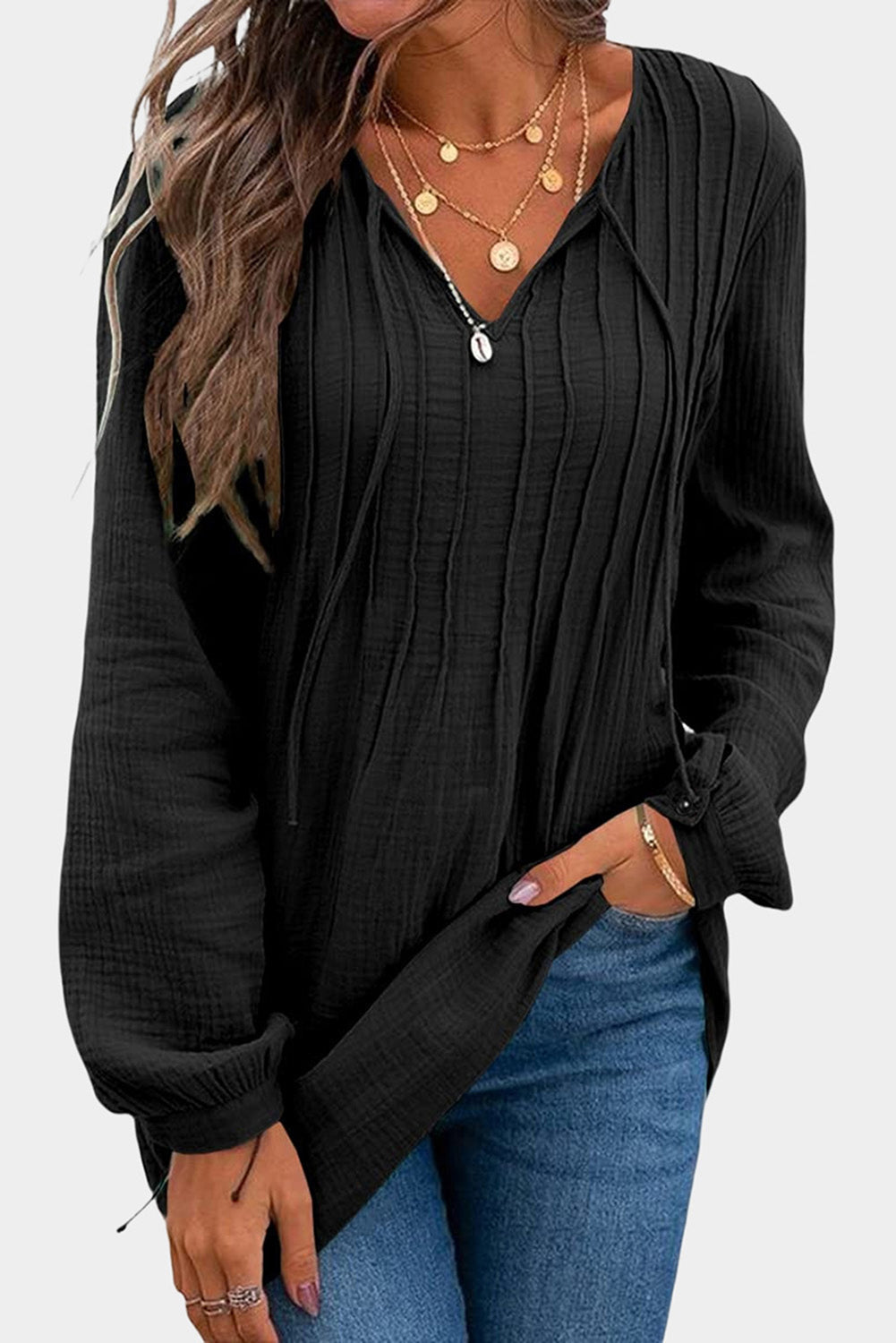 Khaki Casual Pleated V Neck Textured Loose Top