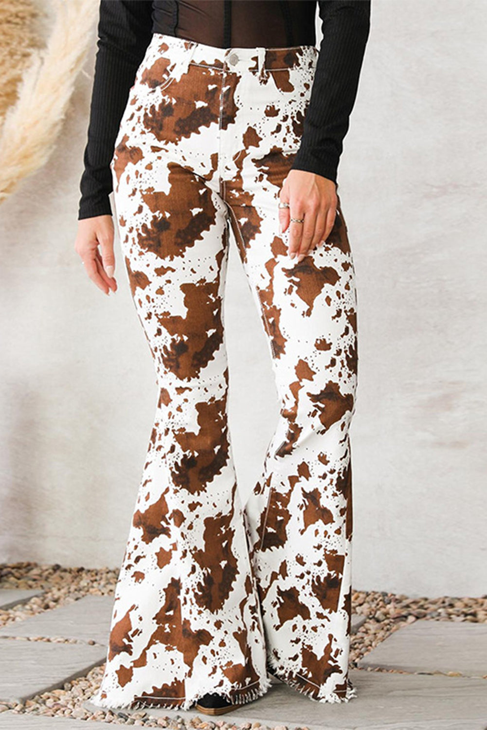 Brown Abstract Print Raw Hem High Waist Flare Pants