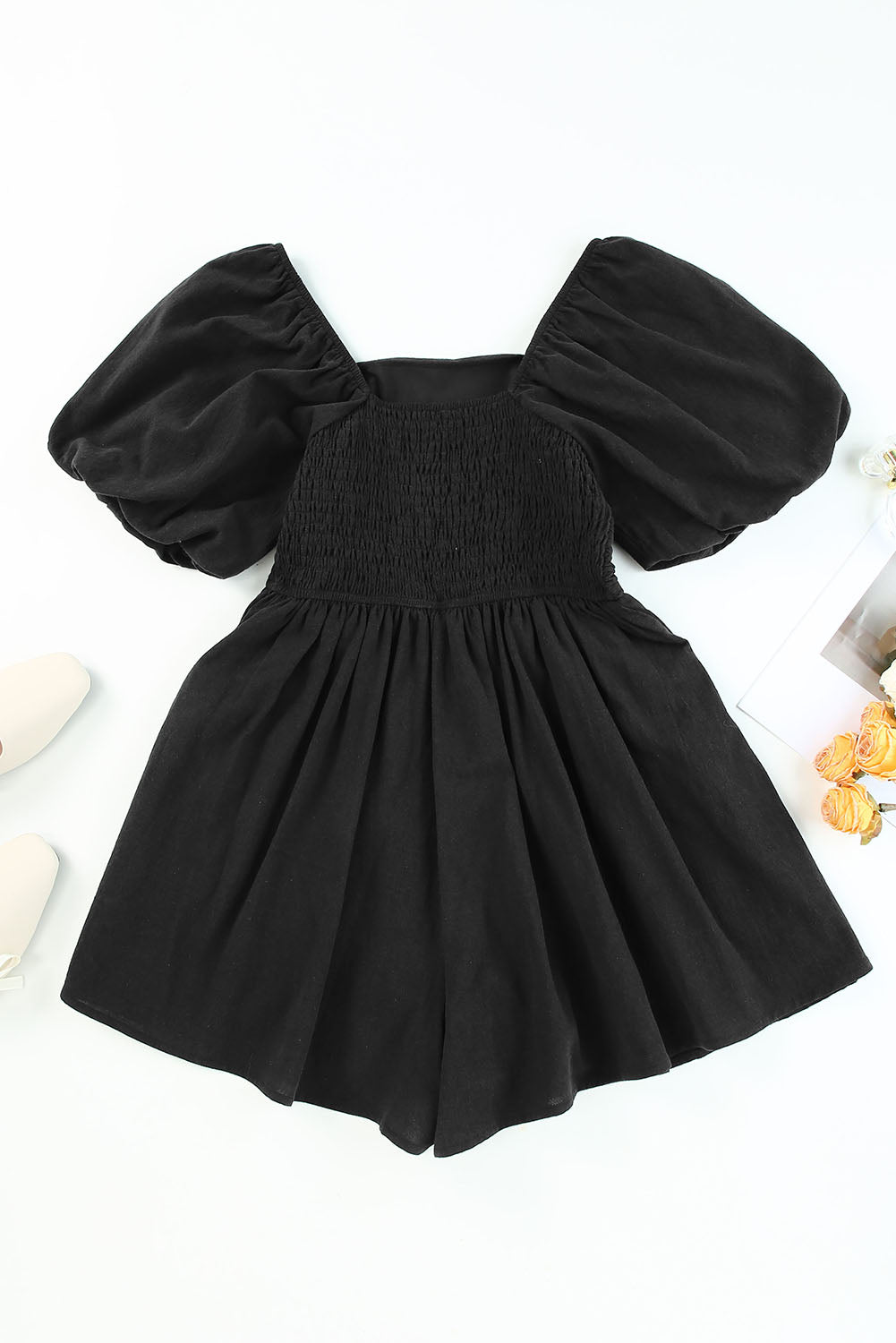Brown Square Neck Ruched Puff Sleeve Romper