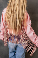 Pink Distressed Fringed Cropped Denim Jacket