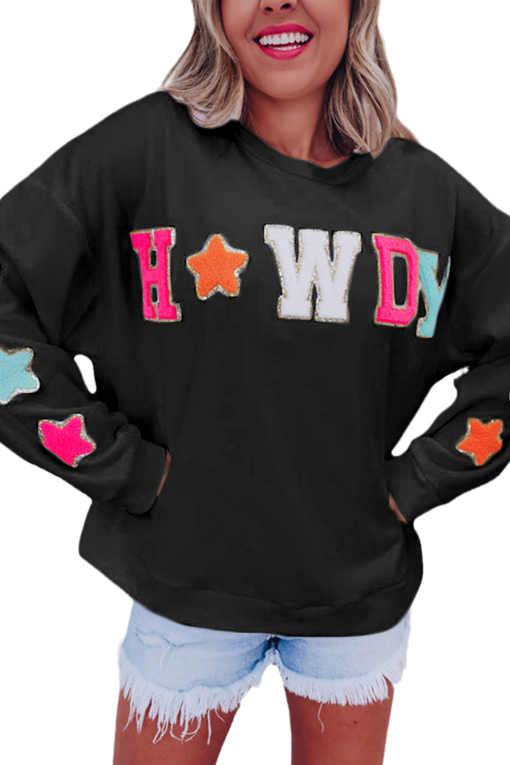 White Glitter Howdy Patch Graphic Casual Sweatshirt