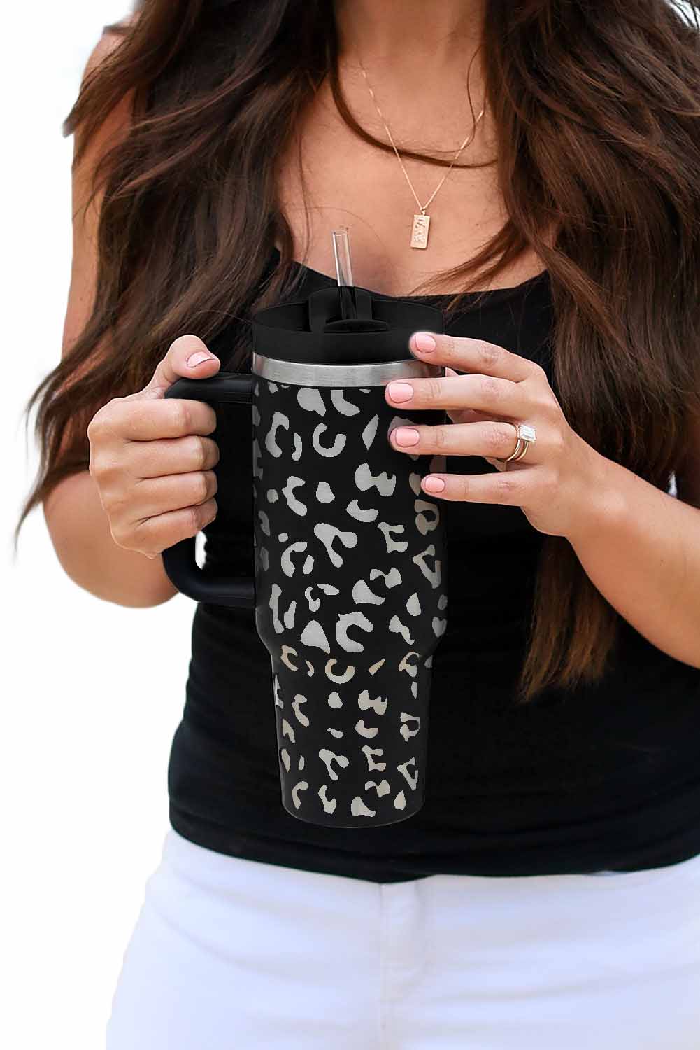 White Leopard Print 40OZ Stainless Steel Portable Cup with Handle