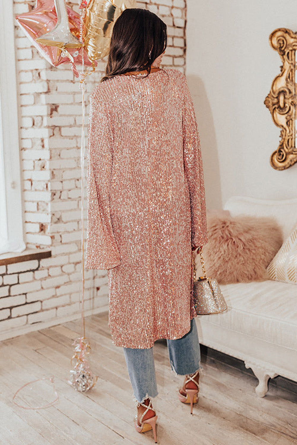 Pink Flare Sleeve Open Front Sequin Kimono