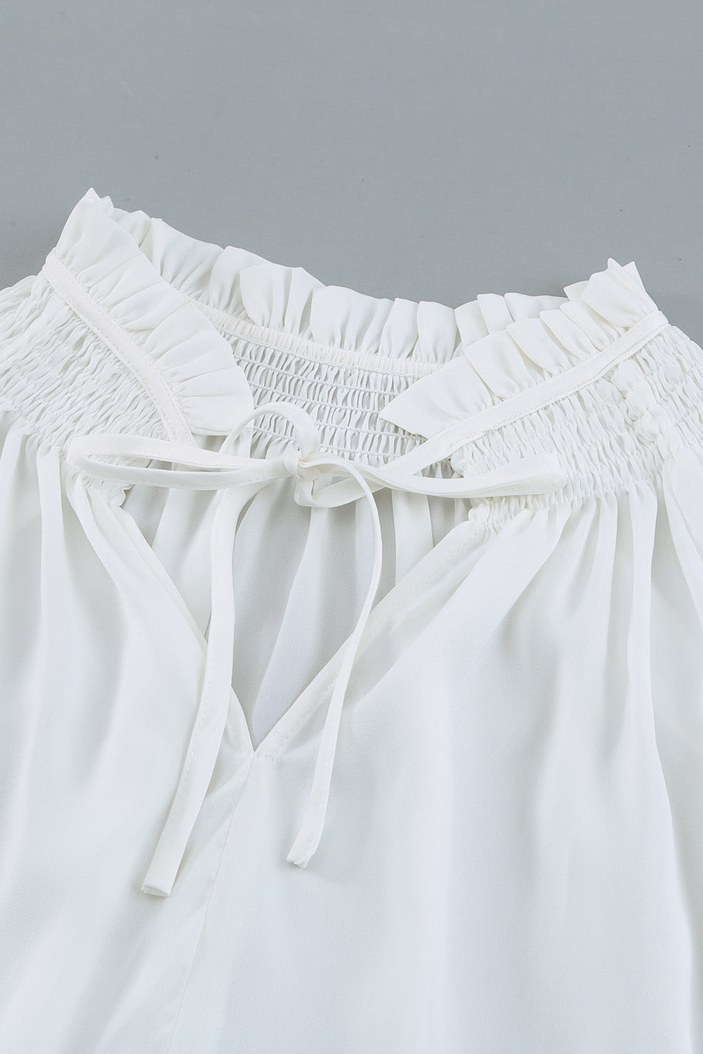 White Split Frill Neck Puff Sleeve Blouse