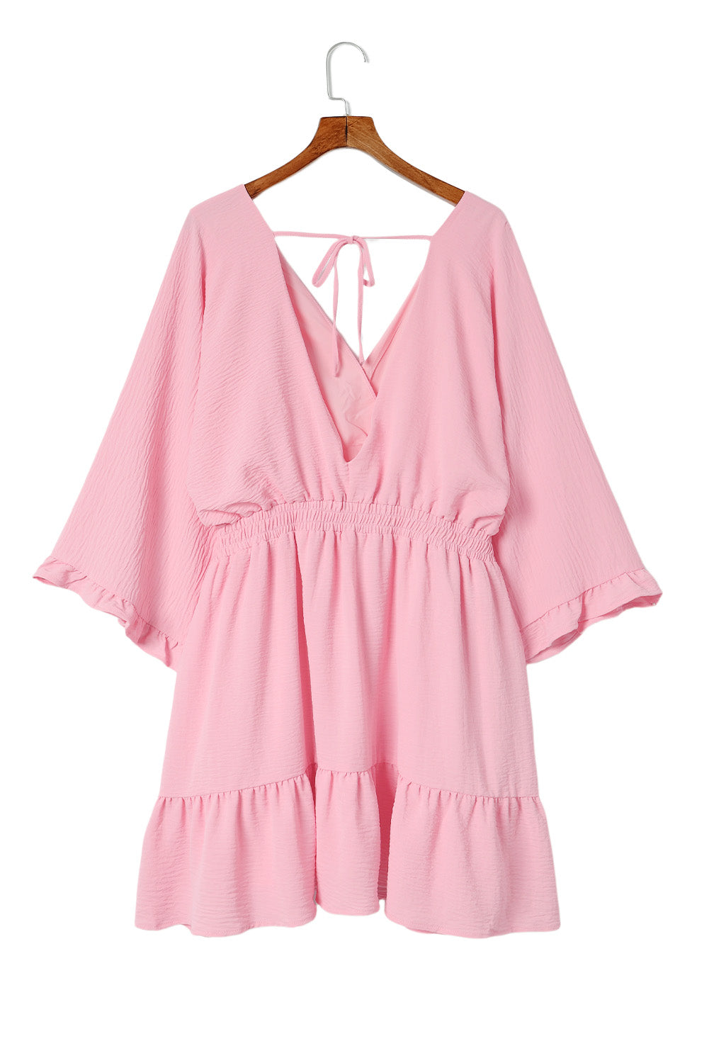 Pink Ruffled Knotted Open Back Wrap V Neck Plus Size Dress