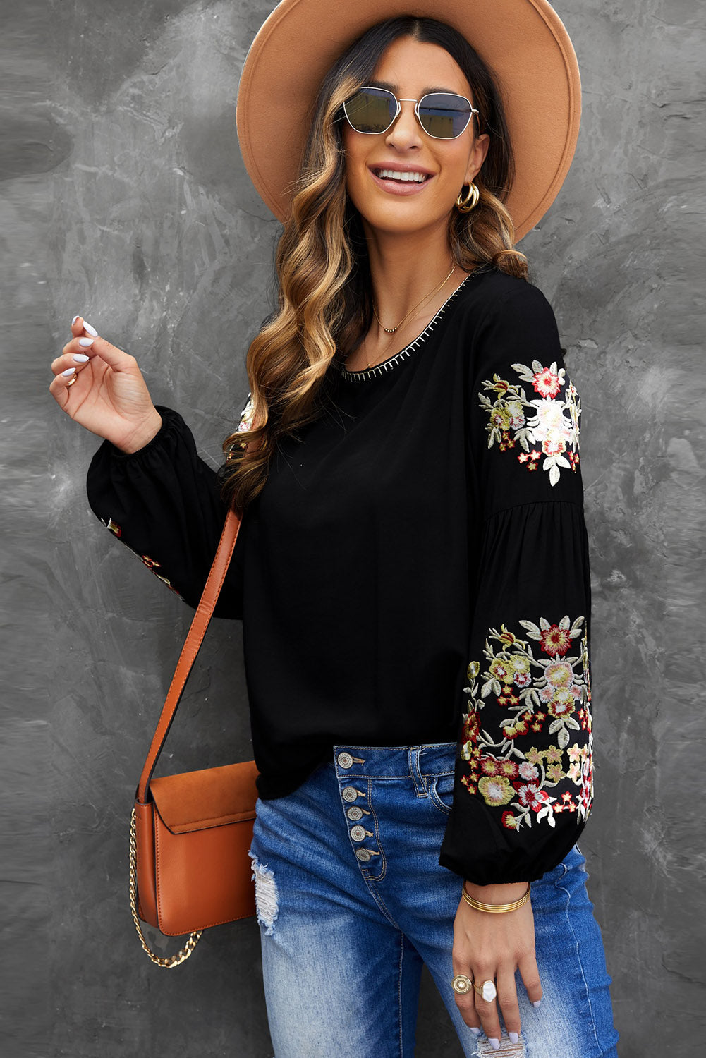 Black Floral Embroidery Long Sleeve Top