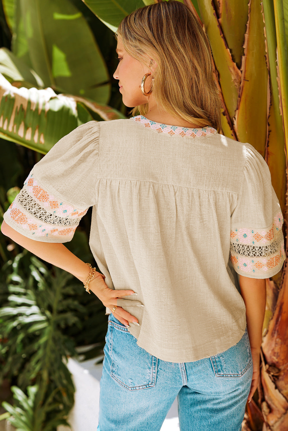 Beige Tassel Drawstring Embroidered Half Sleeve V Neck Top