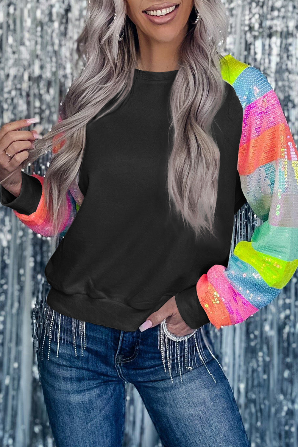 White Sequin Color Block Raglan Sleeve Pullover Sweatshirt