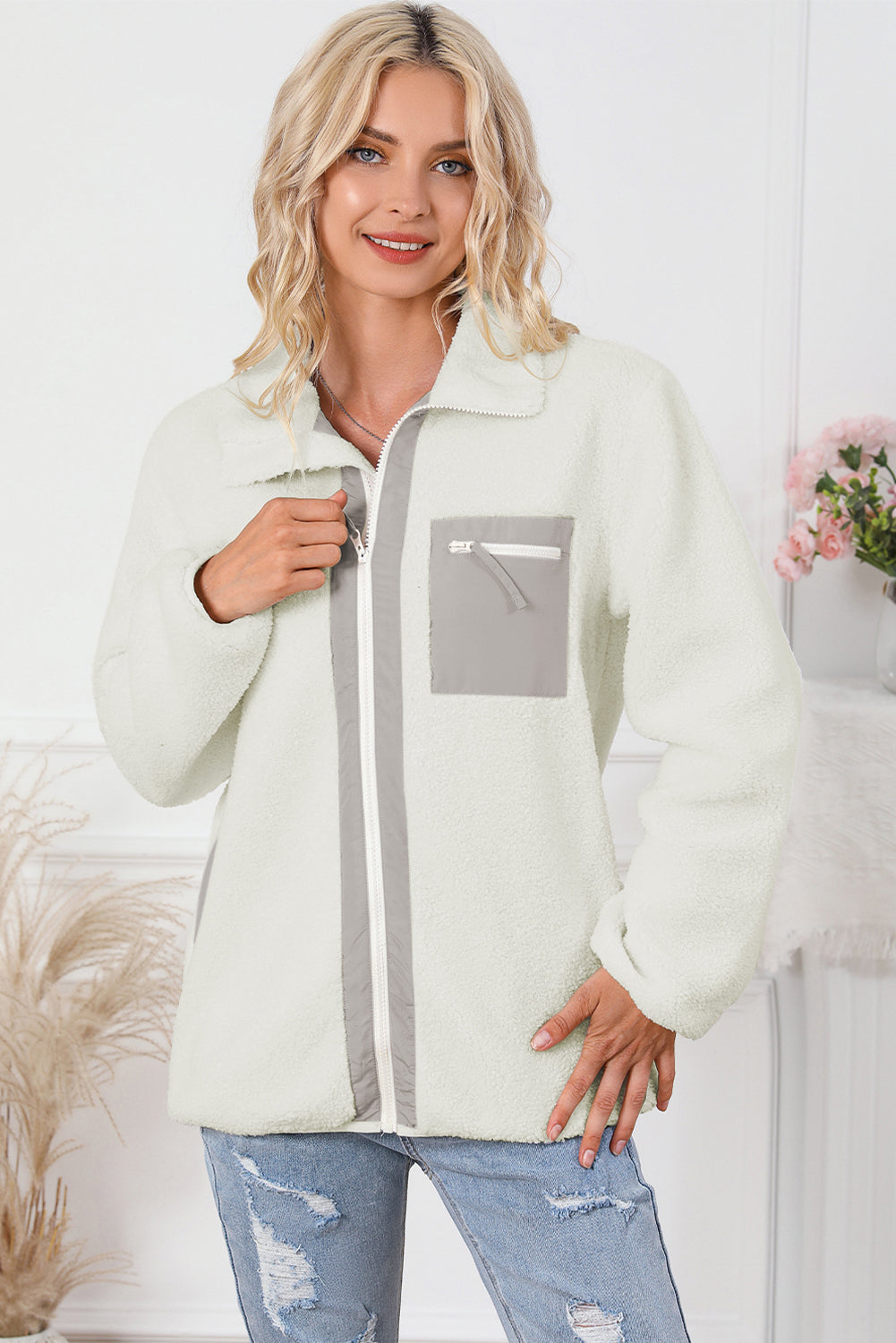 White Chest Pocket Full Zipper Fuzzy Fleece Jacket