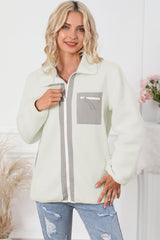 White Chest Pocket Full Zipper Fuzzy Fleece Jacket