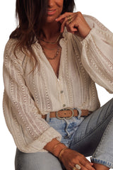 White Plus Size Lace Hollow Out V-Neck Button Up Shirt