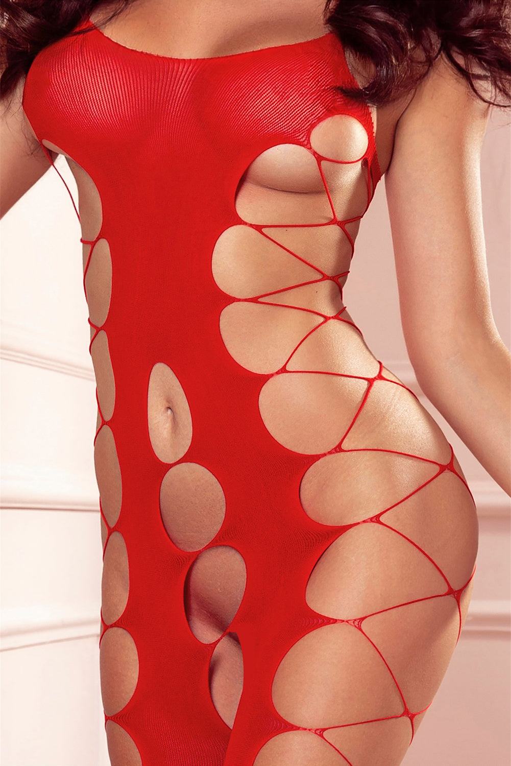 Red Sexy Fishnet Big Holes Open Crotch Body Stocking