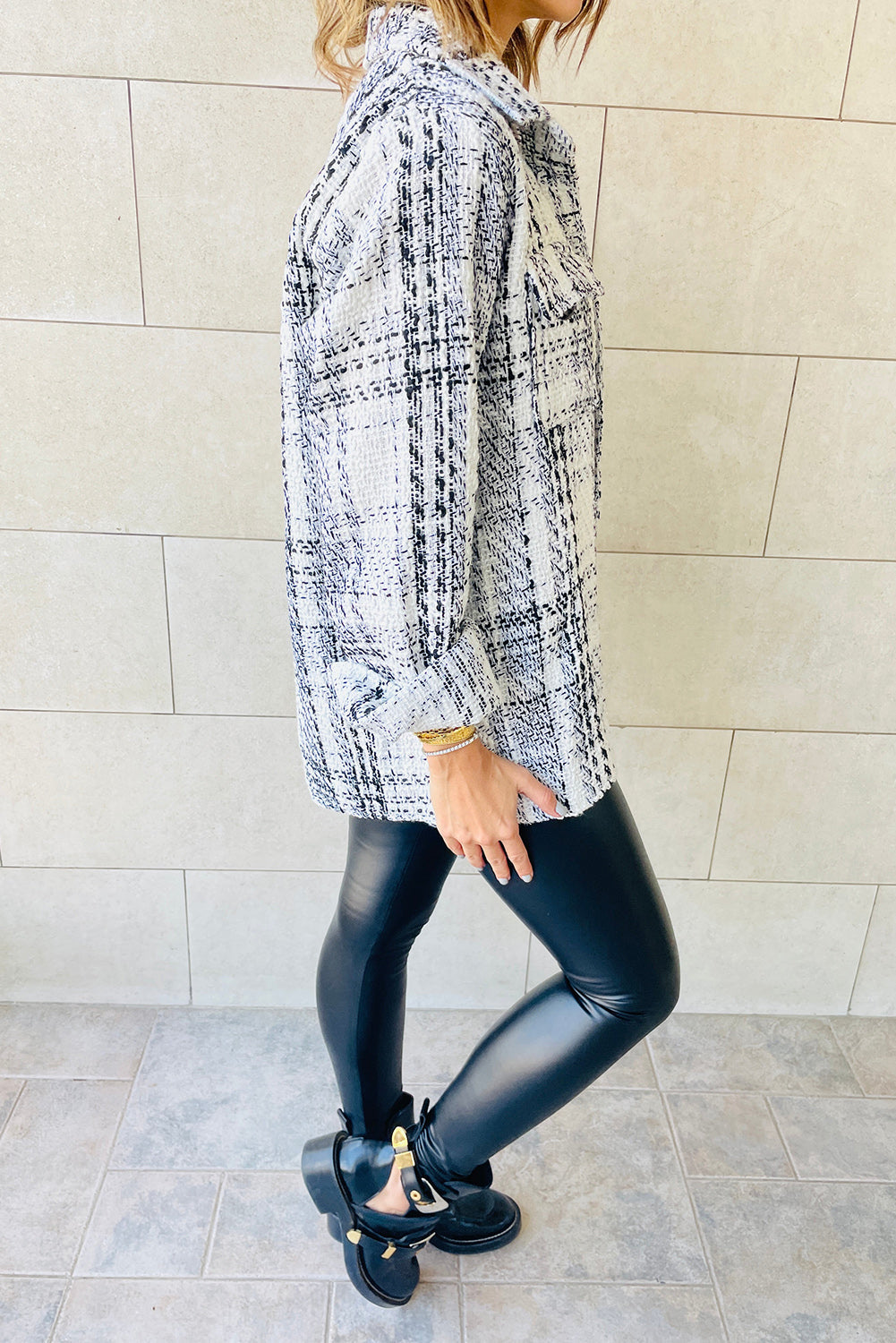White Plaid Print Pocketed Shirt Jacket