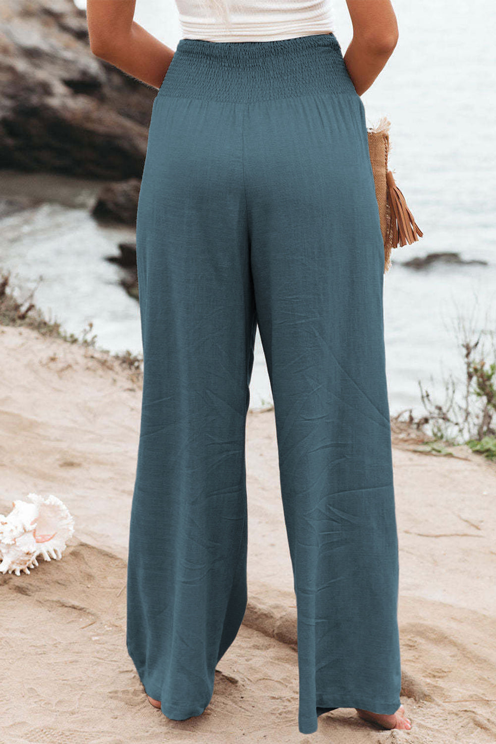 Black Smocked Wide Waistband High Waist Wide Leg Pants