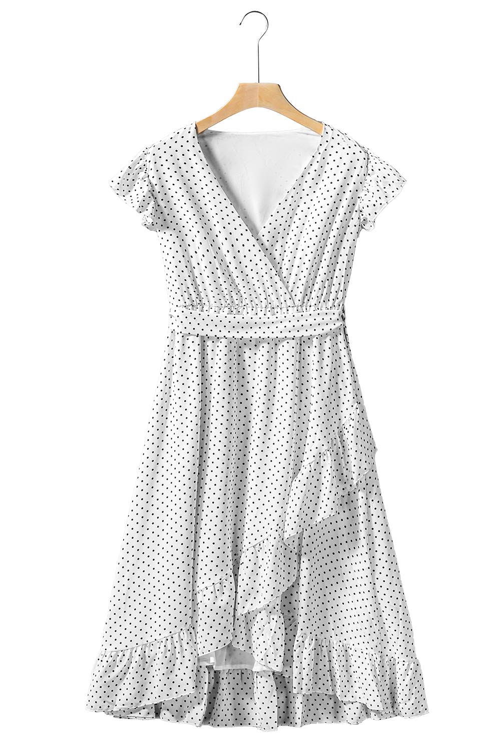 White Polka Dot V Neck Wrap Tie Ruffled Sleeve Midi Dress