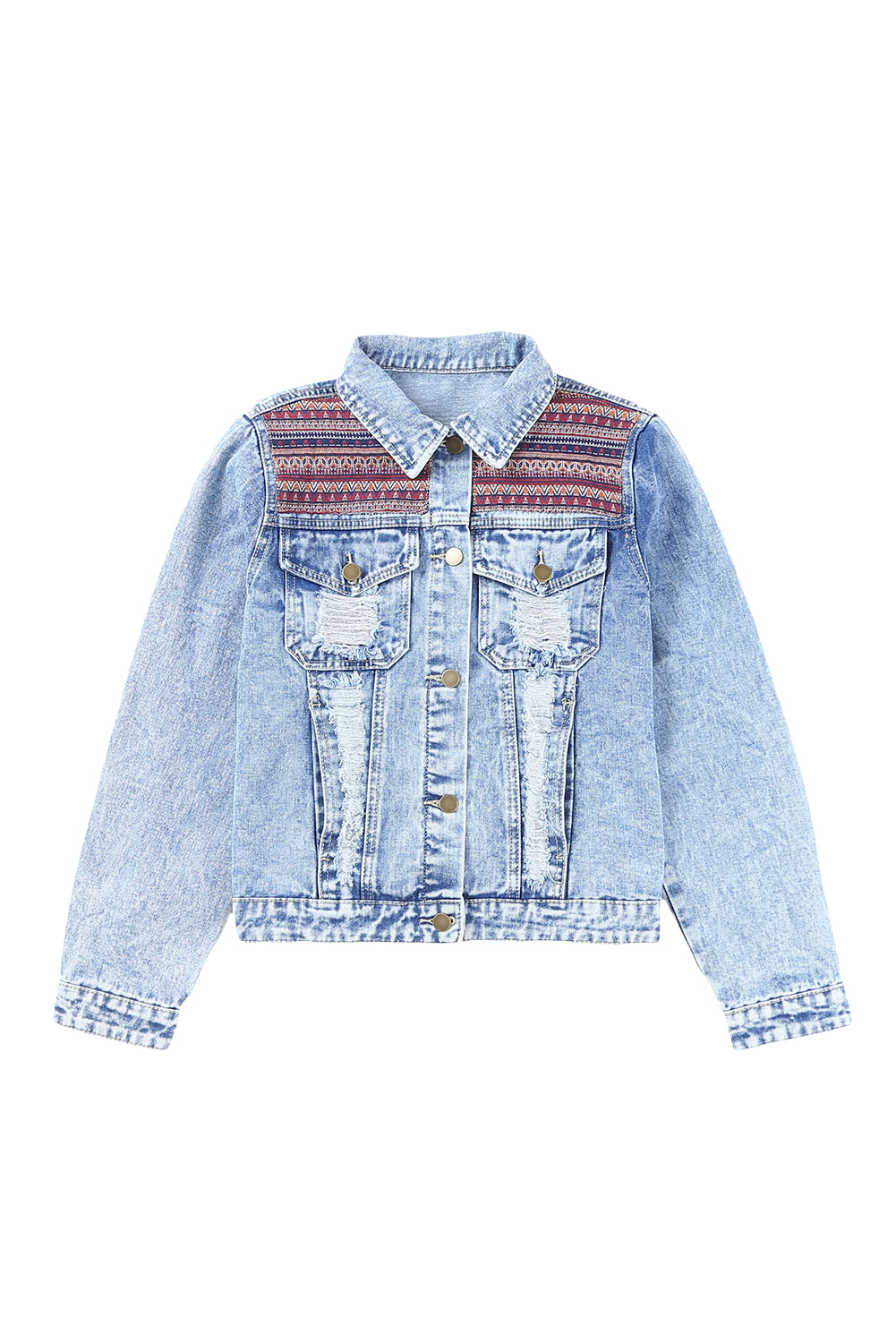 Sky Blue Distressed Tribal Patch Denim Jacket