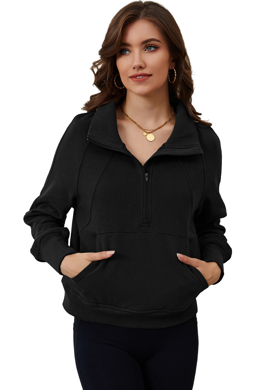 Green Zip Up Stand Collar Ribbed Thumbhole Sleeve Sweatshirt