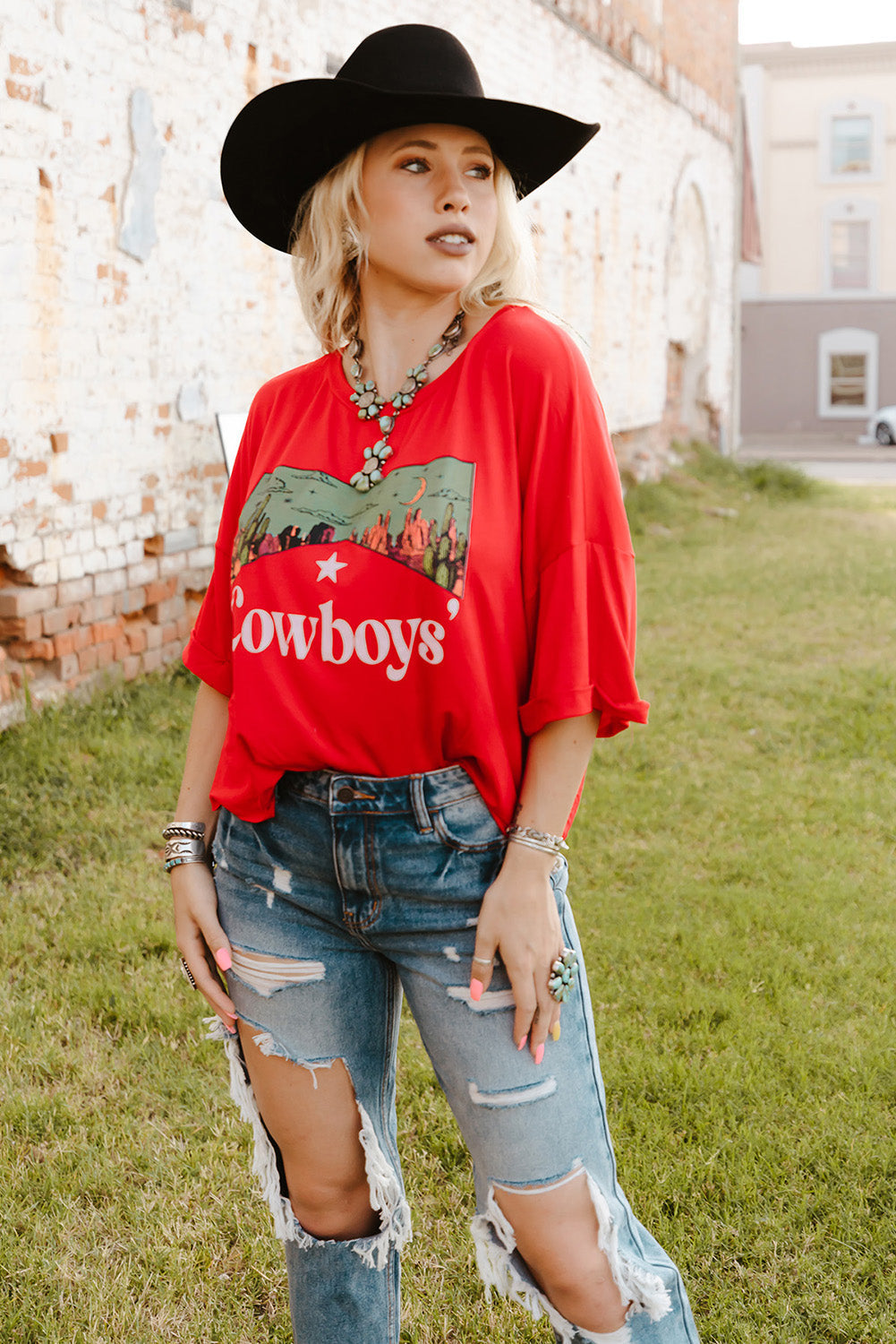 Red Cowboys Graphic Crew Neck Short Sleeve Tops