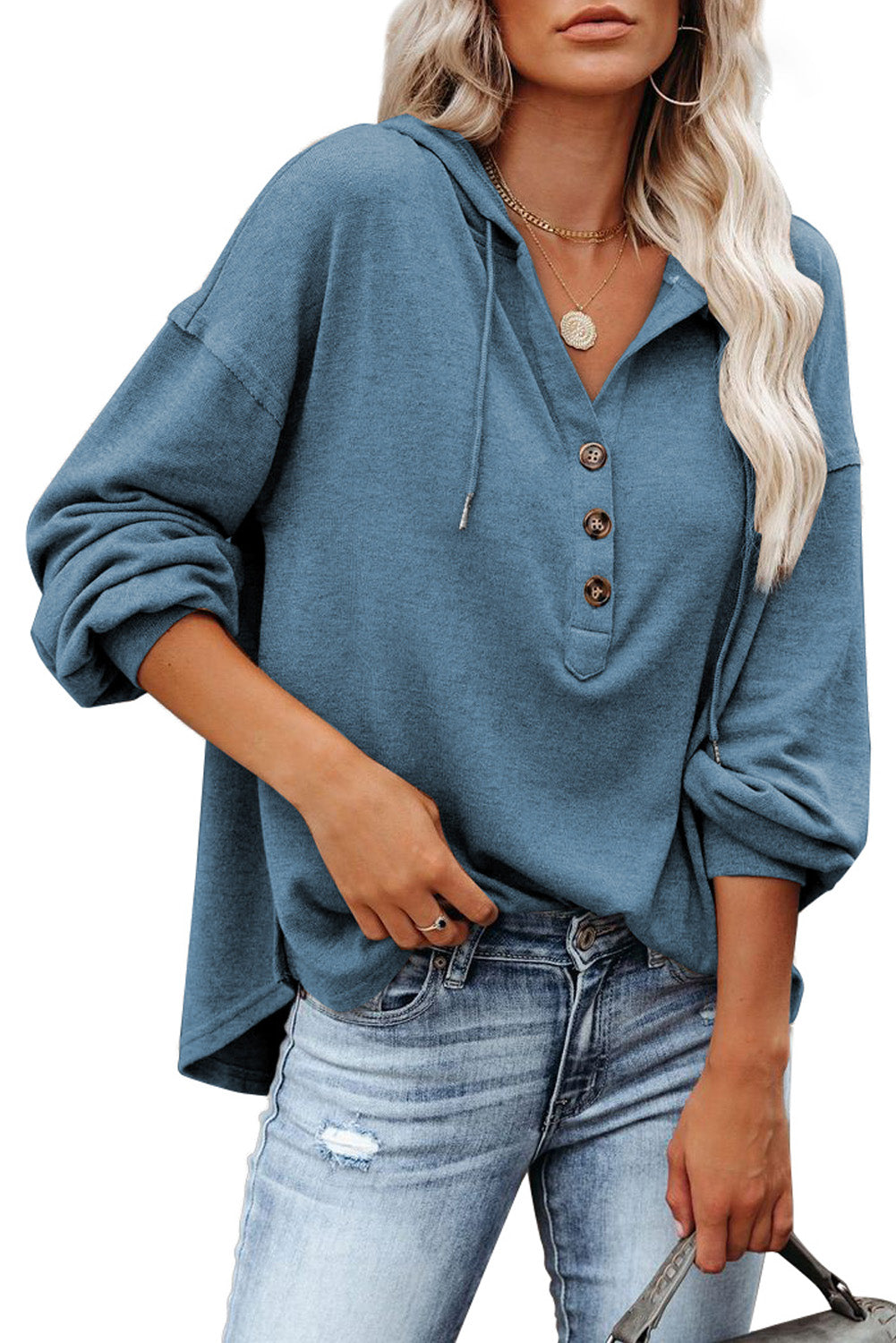 Buttoned High and Low Hem Hoodie