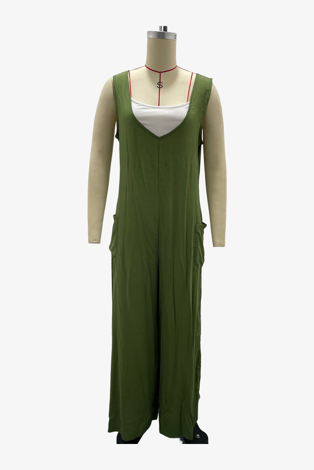 Green Sleeveless V Neck Wide Leg Jumpsuit with Pockets