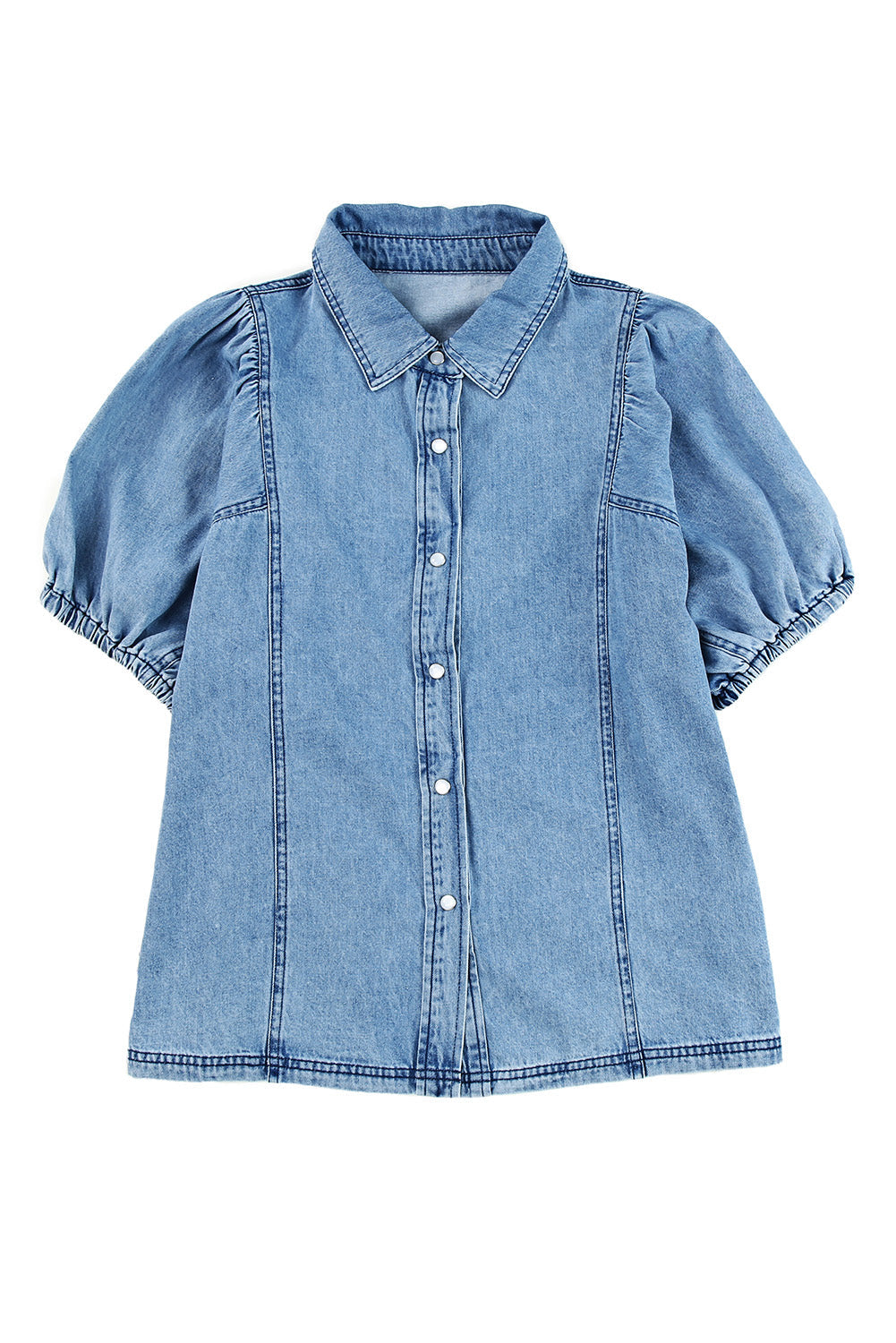 Sky Blue Short Bubble Sleeve Snap Button Denim Shirt