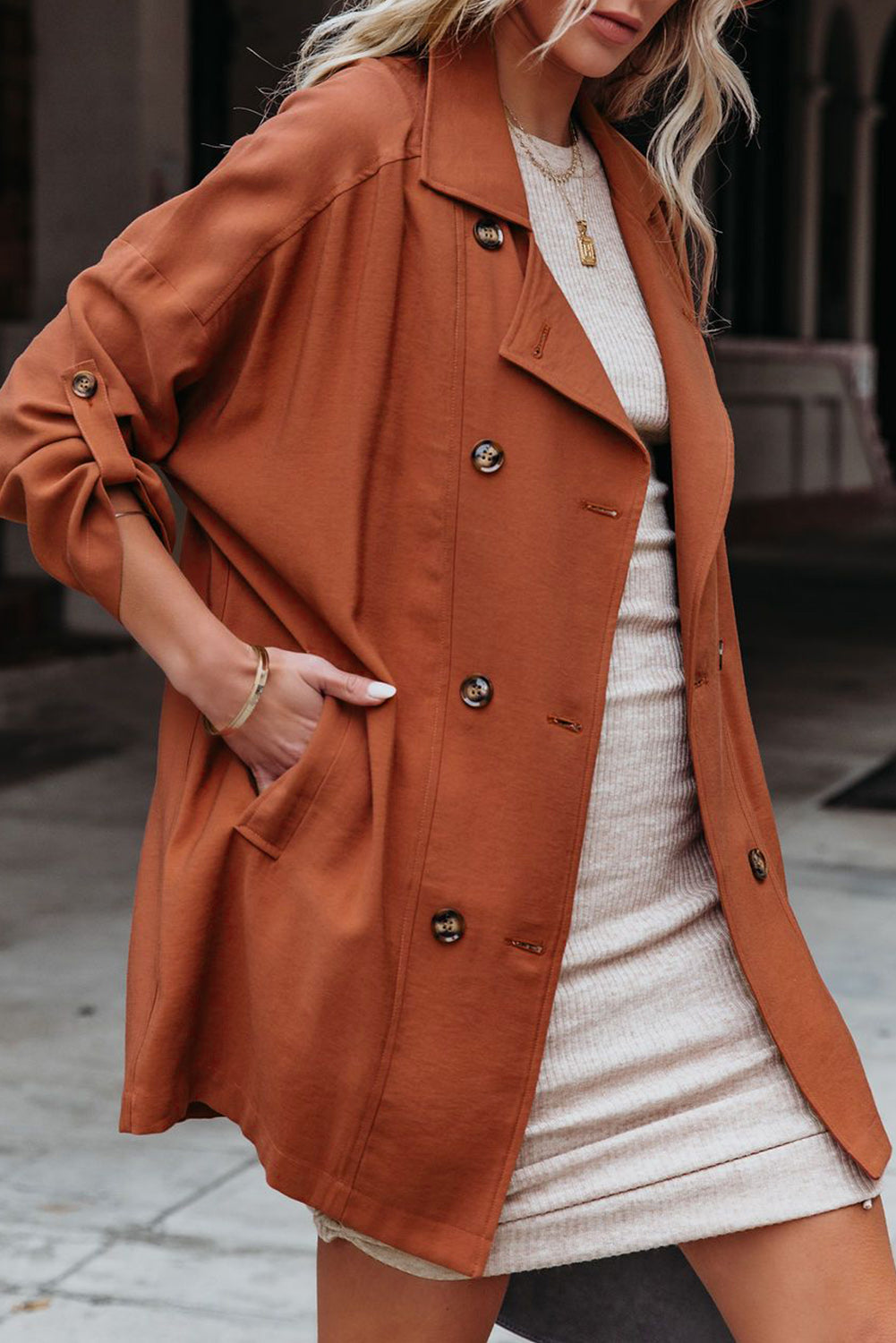 Lapel Collar Pocketed Buttoned Trench Coat