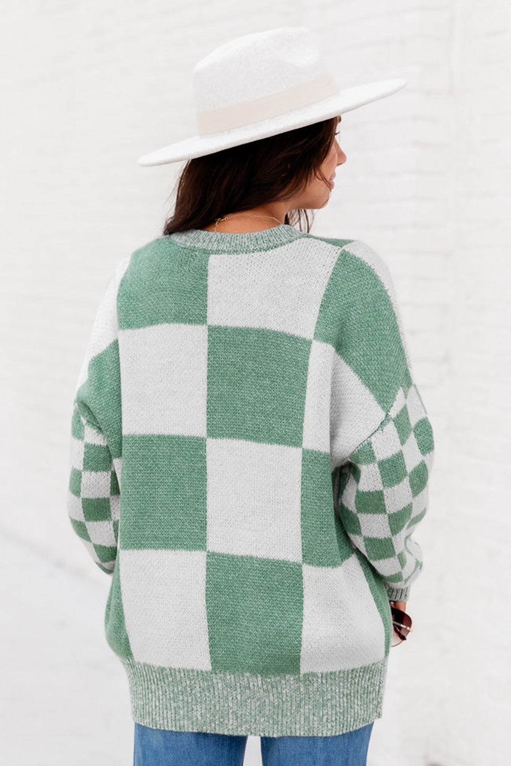 Mint Green Checkered Print Drop Shoulder Sweater