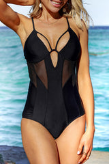 Black Mesh Hollow-out Criss Cross One-piece Swimsuit