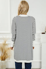 White Striped Side Pockets Open Front Cardigan