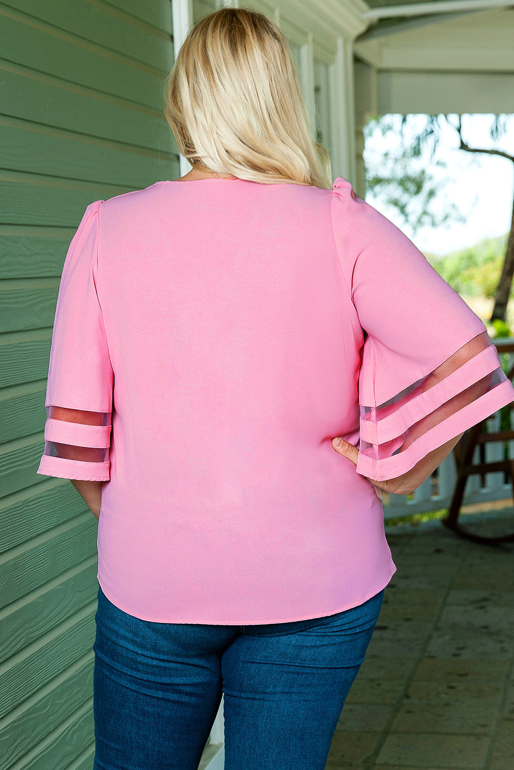 Pink Plus Size Mesh Striped Bell Sleeve Blouse