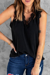 Black Sleeveless Eyelash Lace V Neck Tank Top