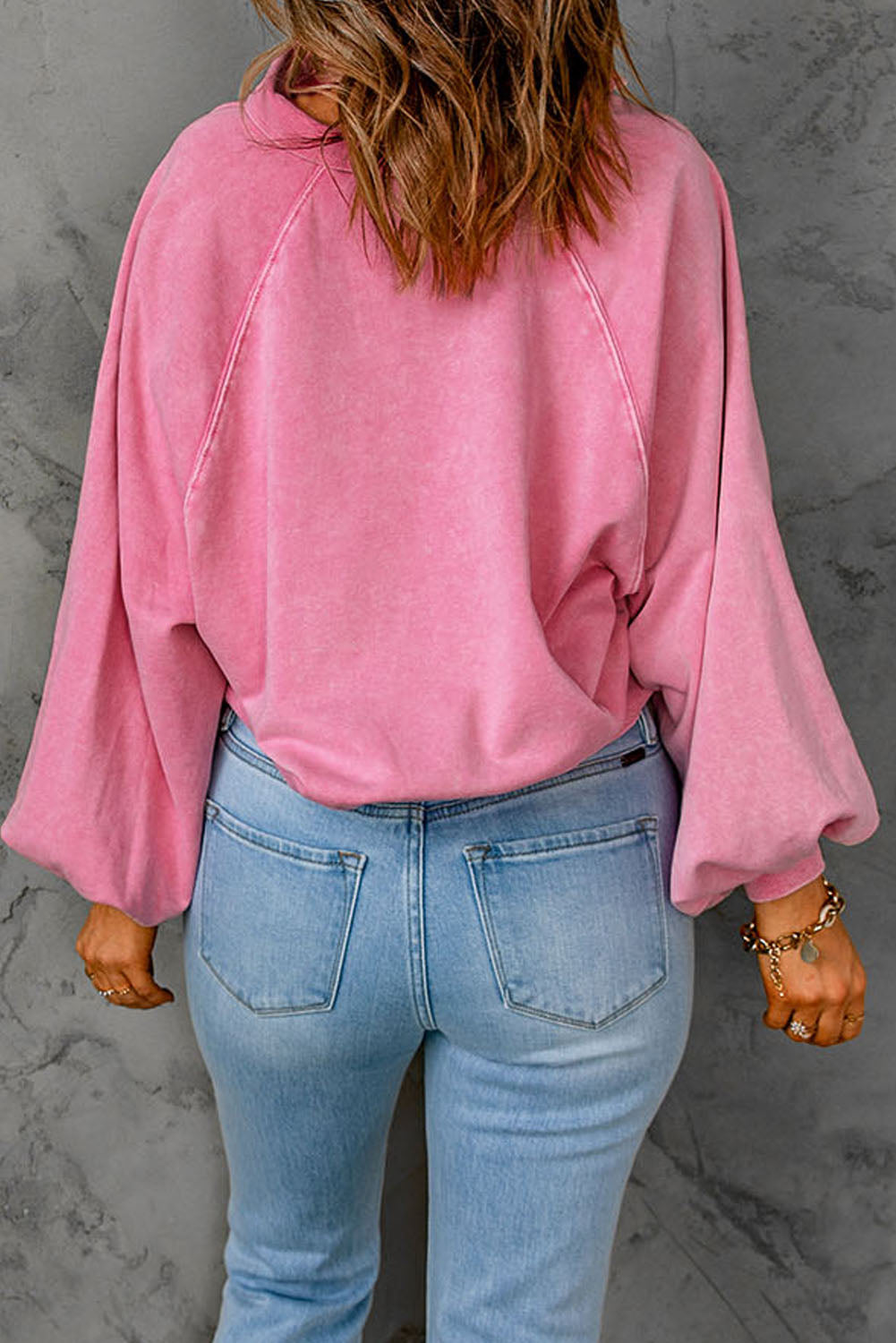 Pink Washed Snap Buttons Lantern Sleeve Pullover Sweatshirt