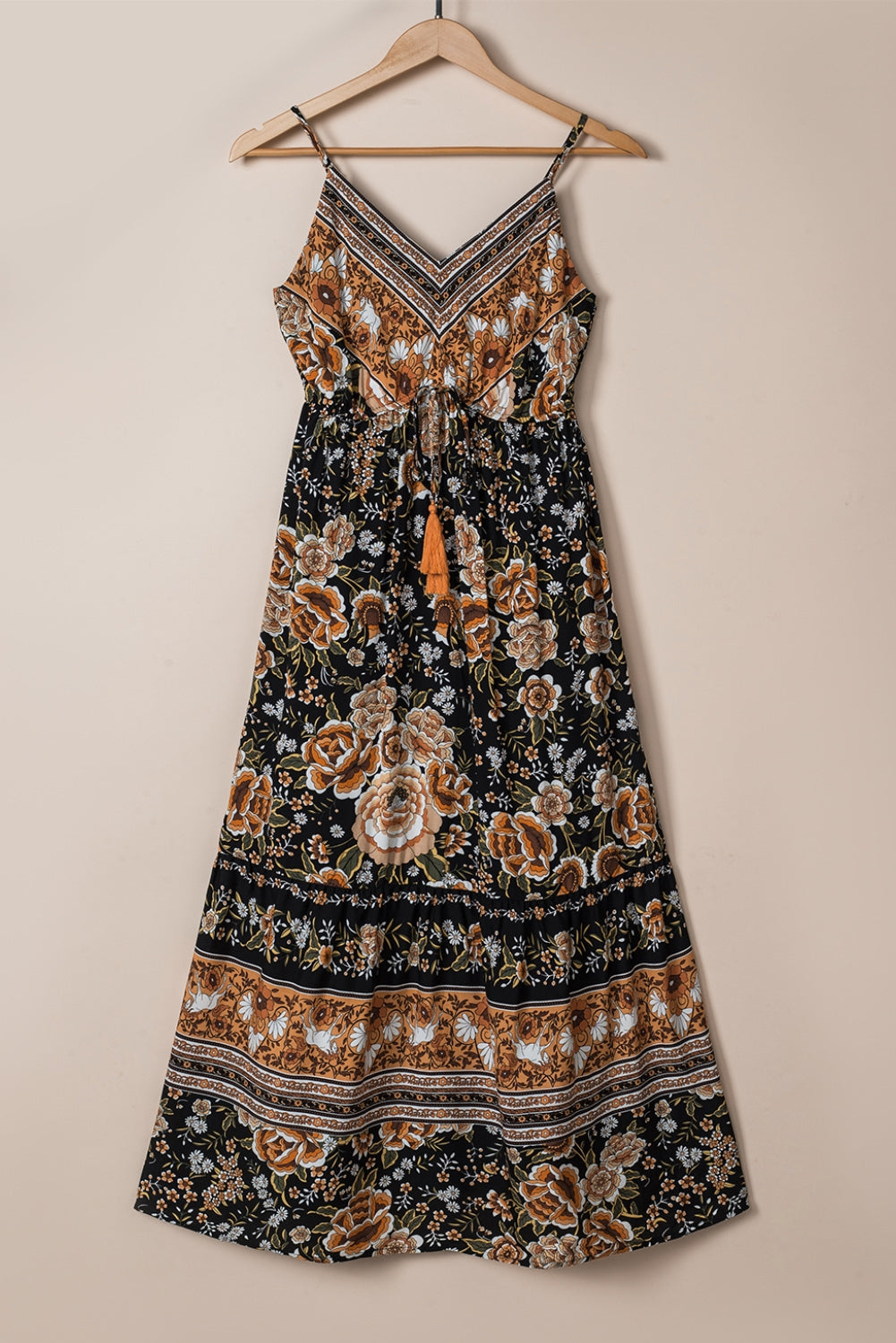Black Retro Boho Floral Tassel Tie Maxi Dress