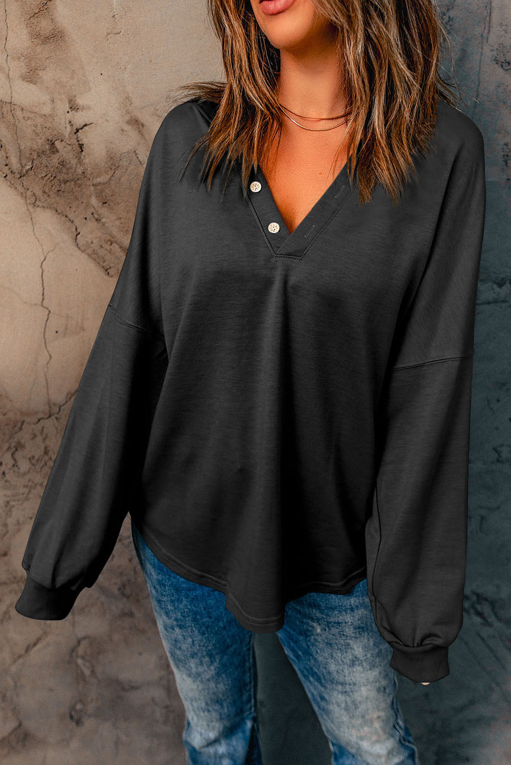 Black Buttoned V Neck Cotton Loose Fit Top